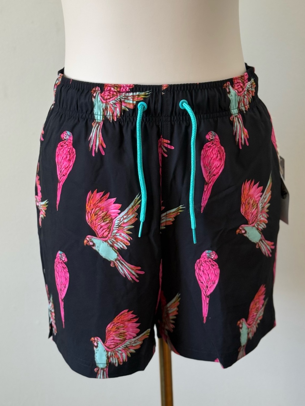 NWOT ! Men Black Parrot Print Swim Trunks Shorts - Pink Accent Size S